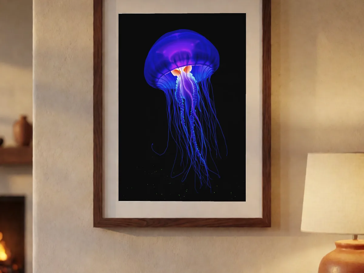 A framed bioluminescent jellyfish art print in a warm room