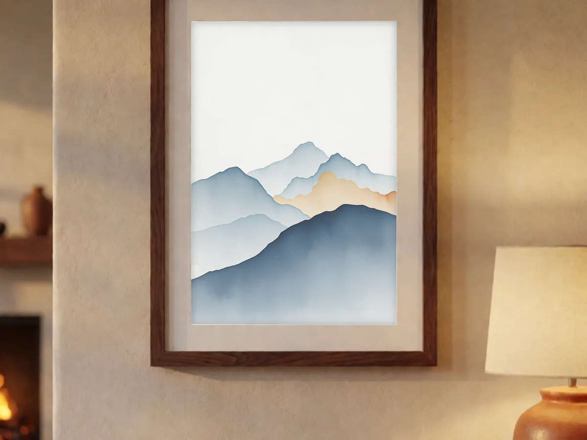 A framed art print on a warm plaster wall above a sideboard